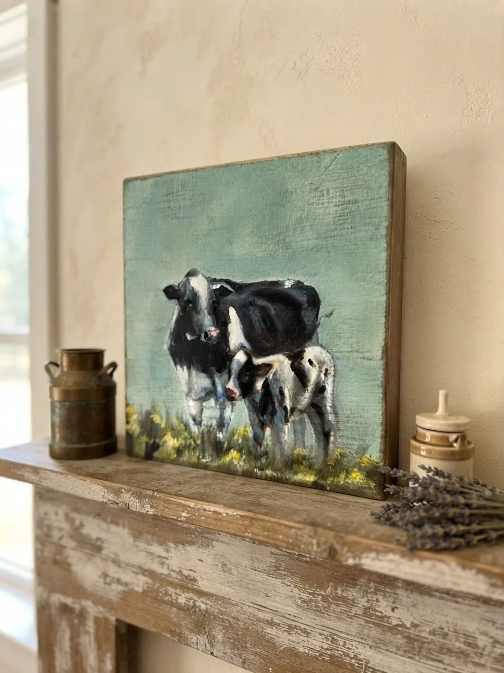 Black & White Cow Canvas Art on Teal Background